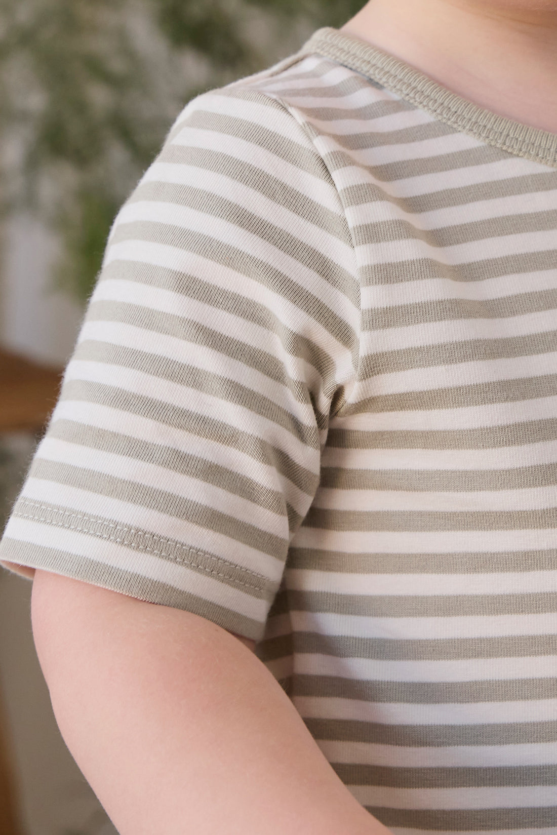 Organic Cotton Baker Short Sleeve Pyjama Set - Narrow Stripe Lichen/Cloud Childrens Pyjamas from Jamie Kay NZ
