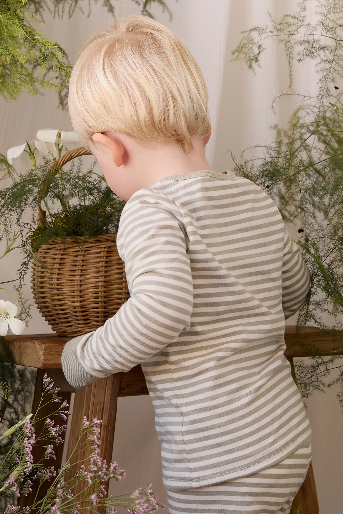 Organic Cotton Amory Long Sleeve Pyjama Set - Narrow Stripe Lichen/Cloud Childrens Pyjamas from Jamie Kay NZ