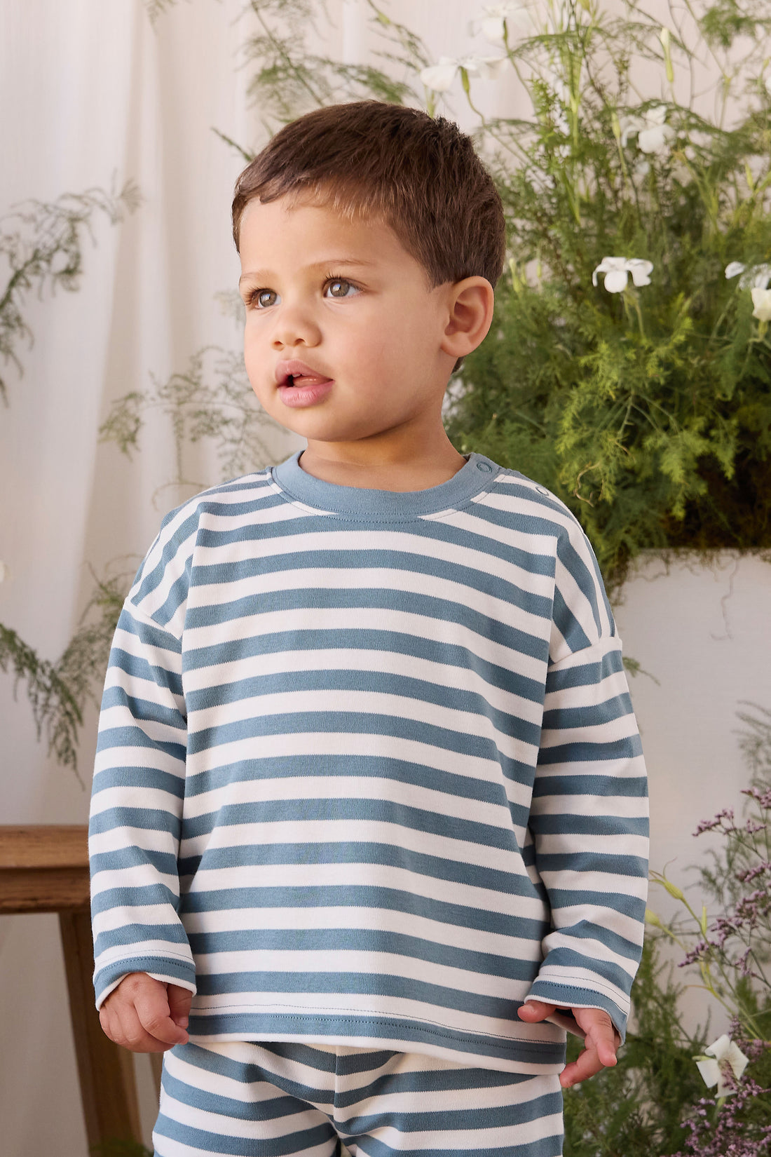 Pima Cotton Edward Long Sleeve Top - Essential Stripe Cloud/Honolulu Childrens Top from Jamie Kay NZ
