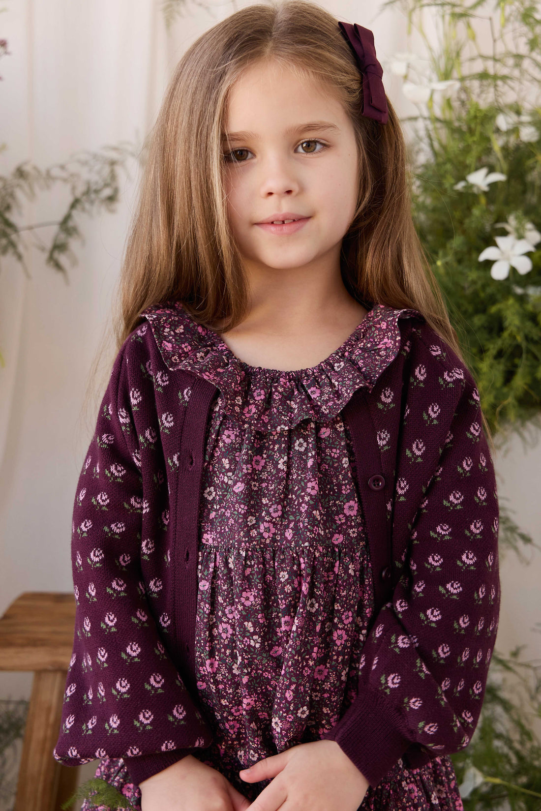 Evie Cardigan - Evie Jacquard Fig Childrens Cardigan from Jamie Kay NZ