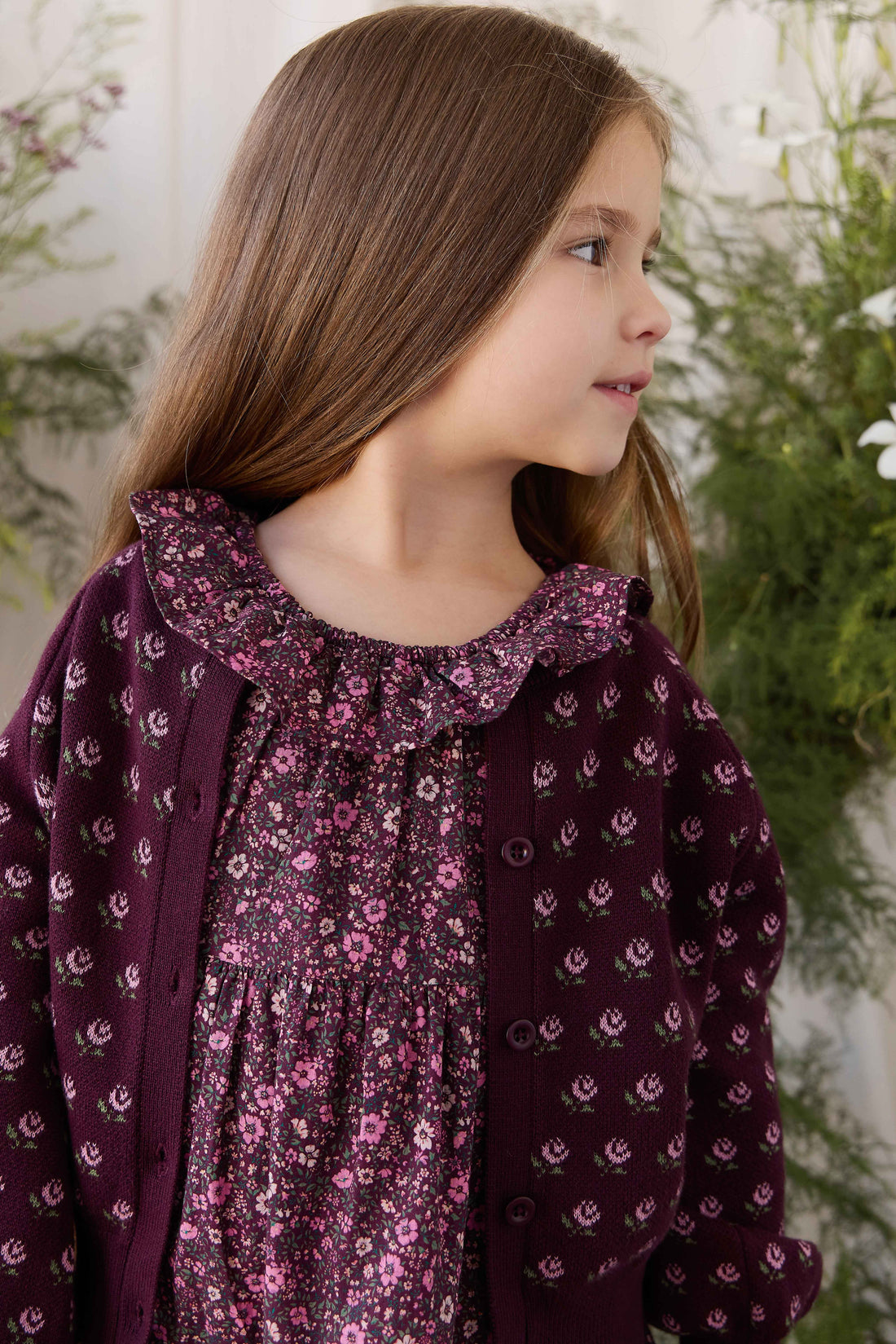Evie Cardigan - Evie Jacquard Fig Childrens Cardigan from Jamie Kay NZ