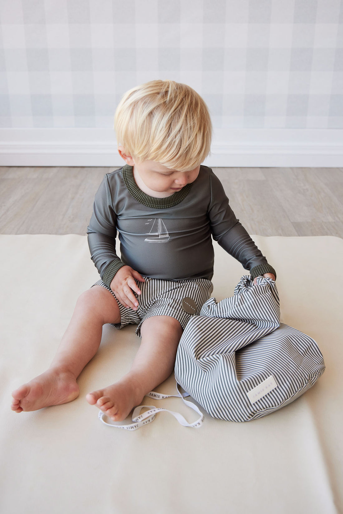 Swim Bag - Fine Vertical Stripe Dark Olive Childrens Swimwear from Jamie Kay NZ