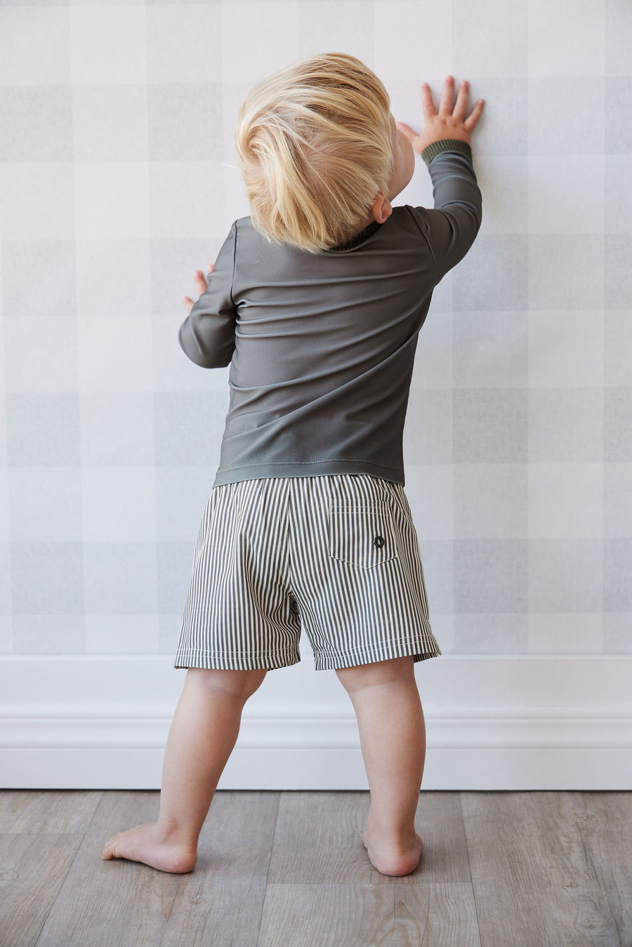 Noah Short - Fine Vertical Stripe Dark Olive Childrens Short from Jamie Kay NZ