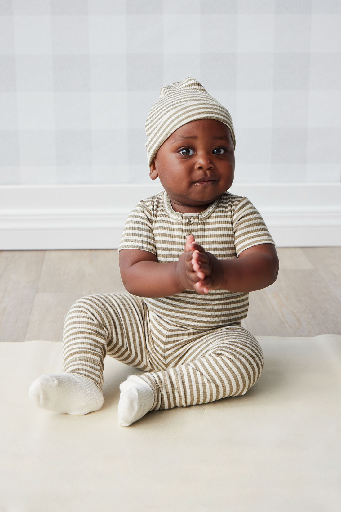 Organic Cotton Modal Darcy Rib Tee Bodysuit - Narrow Stripe Oak/Soft Clay Childrens Bodysuit from Jamie Kay NZ