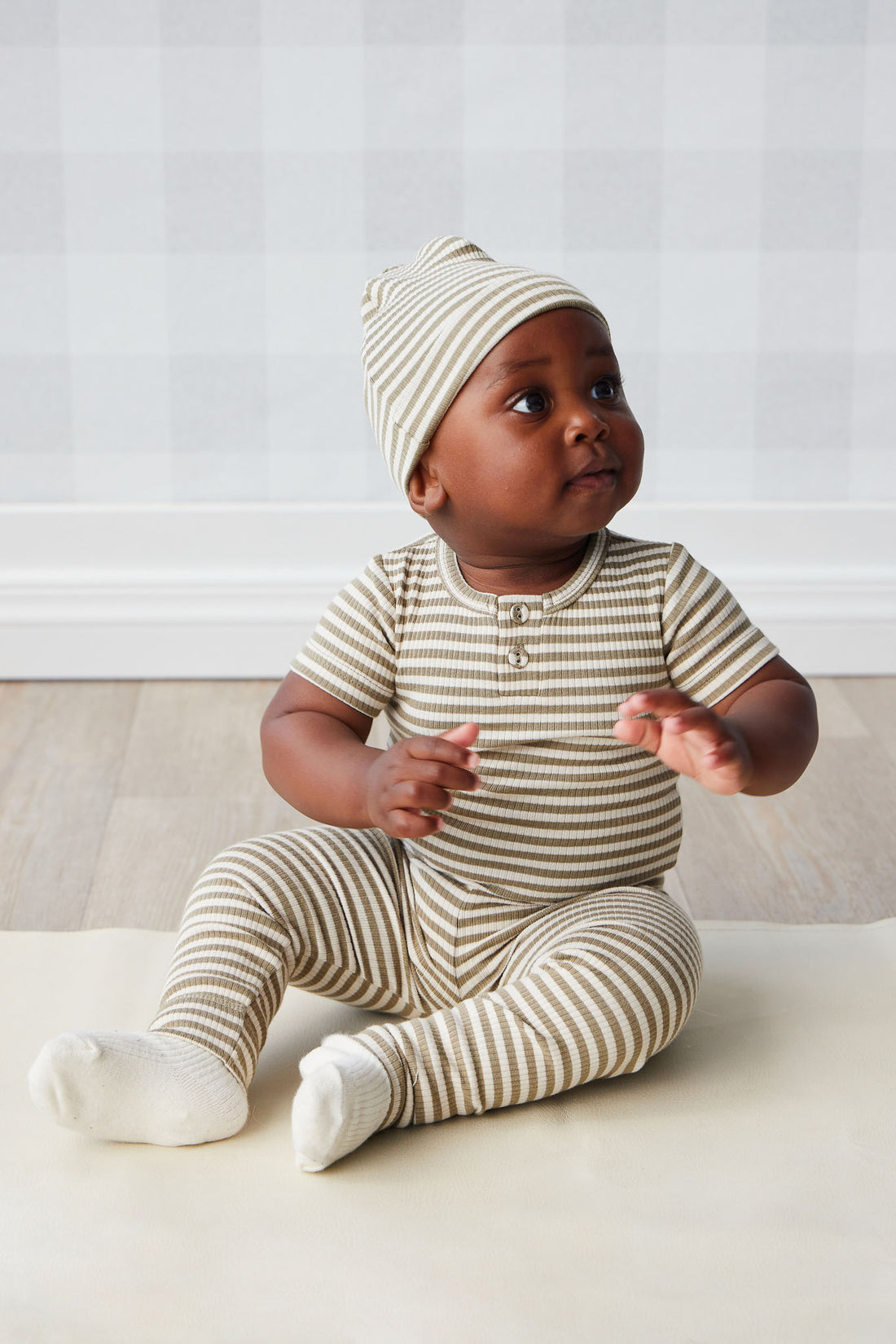 Organic Cotton Modal Everyday Legging - Narrow Stripe Oak/Soft Clay Childrens Legging from Jamie Kay NZ