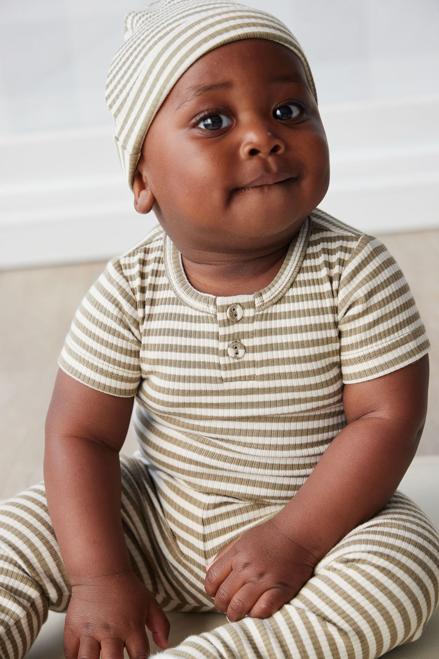 Organic Cotton Modal Darcy Rib Tee Bodysuit - Narrow Stripe Oak/Soft Clay Childrens Bodysuit from Jamie Kay NZ