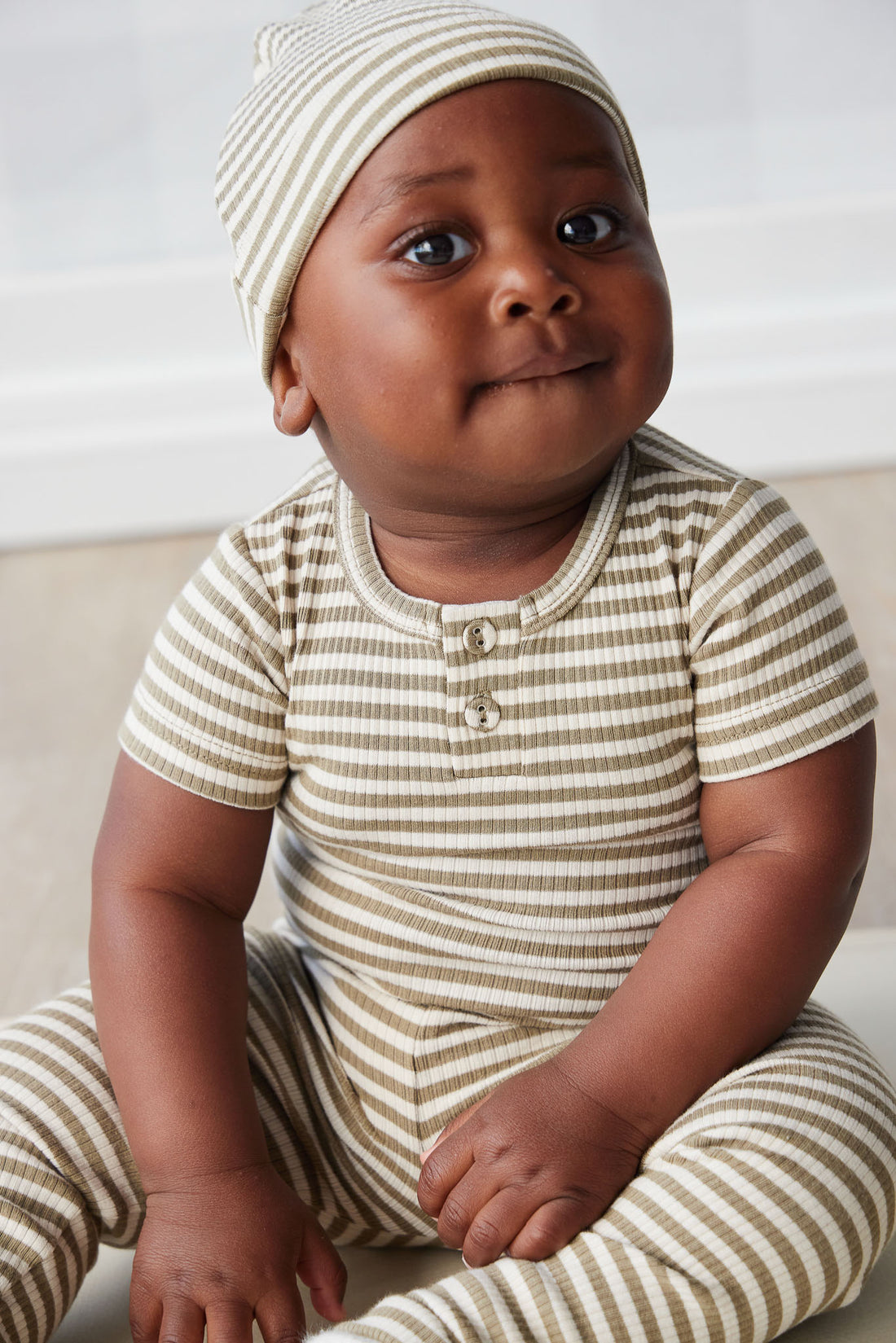 Organic Cotton Modal Lennon Beanie - Narrow Stripe Oak/Soft Clay Childrens Hat from Jamie Kay NZ