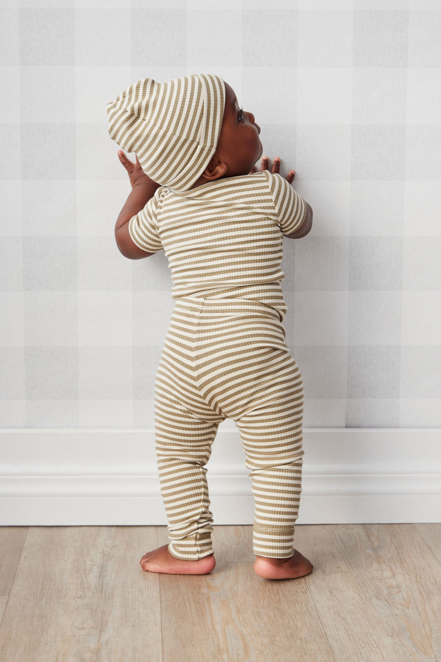 Organic Cotton Modal Darcy Rib Tee Bodysuit - Narrow Stripe Oak/Soft Clay Childrens Bodysuit from Jamie Kay NZ