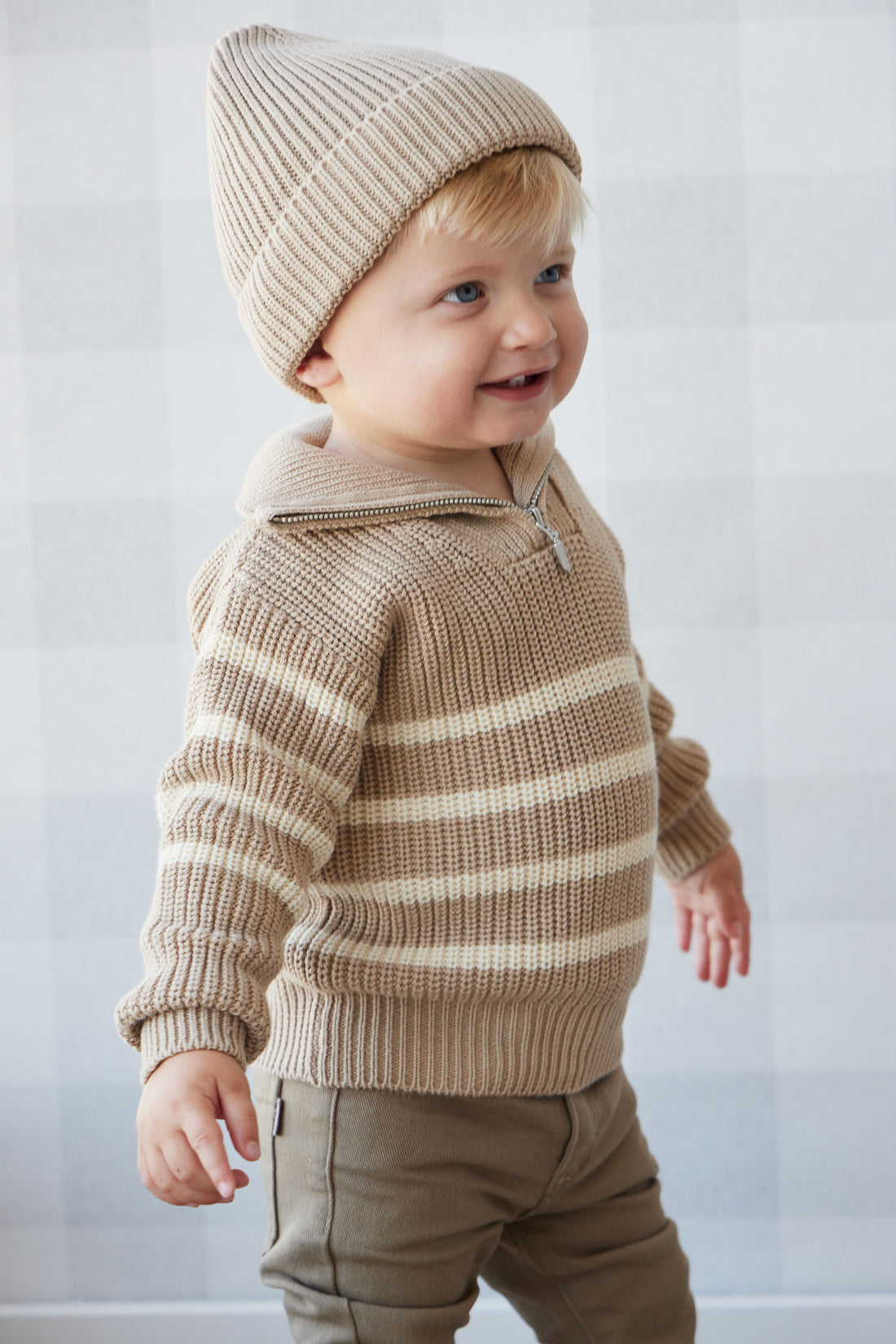 Jack Zip Jumper - Lenny Stripe Fawn Childrens Jumper from Jamie Kay NZ