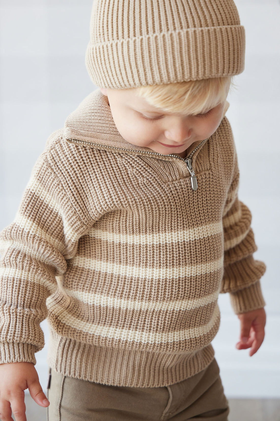 Jack Zip Jumper - Lenny Stripe Fawn Childrens Jumper from Jamie Kay NZ