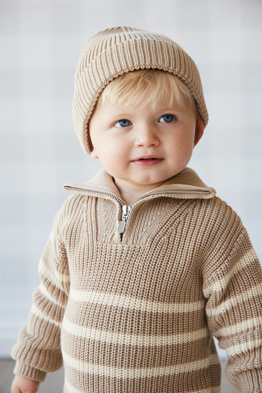 Jack Zip Jumper - Lenny Stripe Fawn Childrens Jumper from Jamie Kay NZ