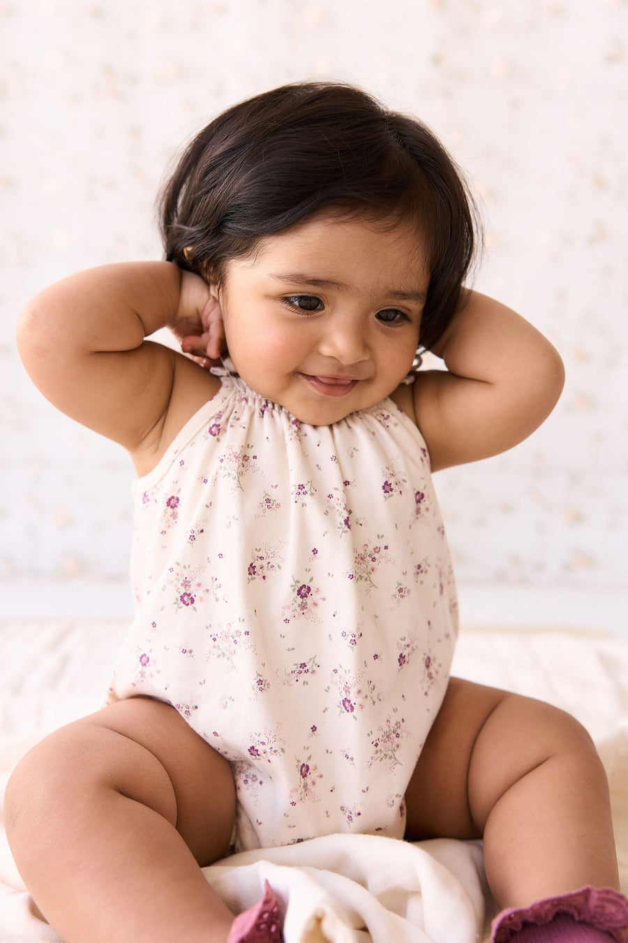 Organic Cotton Cassie Playsuit - Sweet William Floral Natural Childrens Playsuit from Jamie Kay NZ