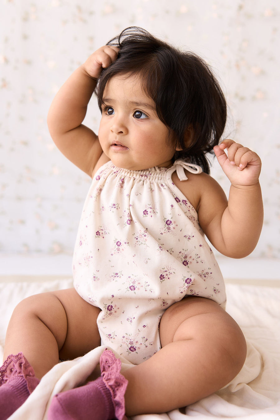 Organic Cotton Cassie Playsuit - Sweet William Floral Natural Childrens Playsuit from Jamie Kay NZ