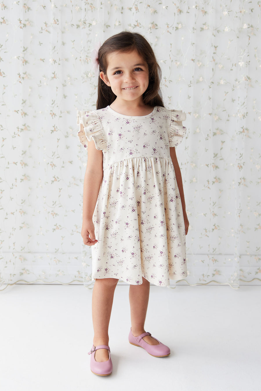 Organic Cotton Ada Dress - Sweet William Floral Natural Childrens Dress from Jamie Kay NZ