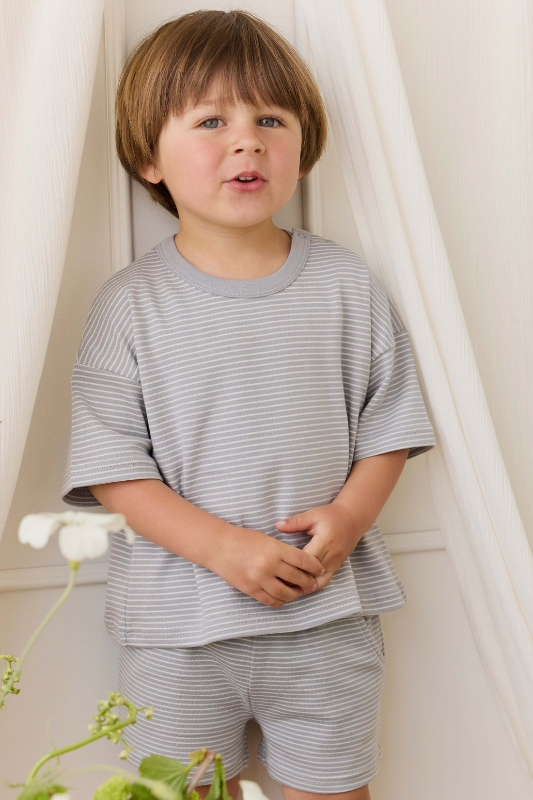 Pima Cotton Wesley Short - Fine Stripe Missouri/Parchment Childrens Shorts from Jamie Kay NZ