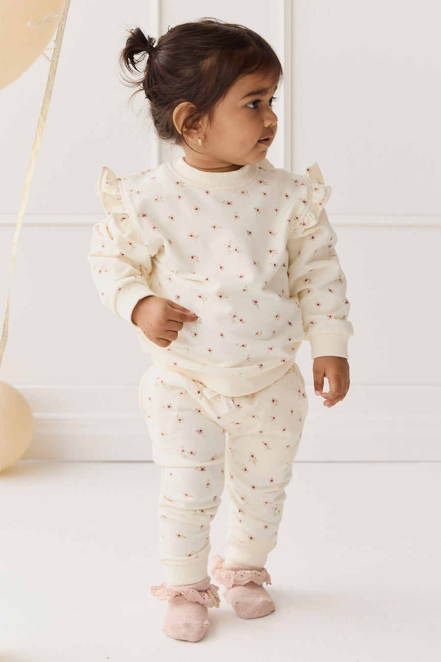 Organic Cotton Morgan Track Pant - Simple Flowers Egret Childrens Pant from Jamie Kay NZ