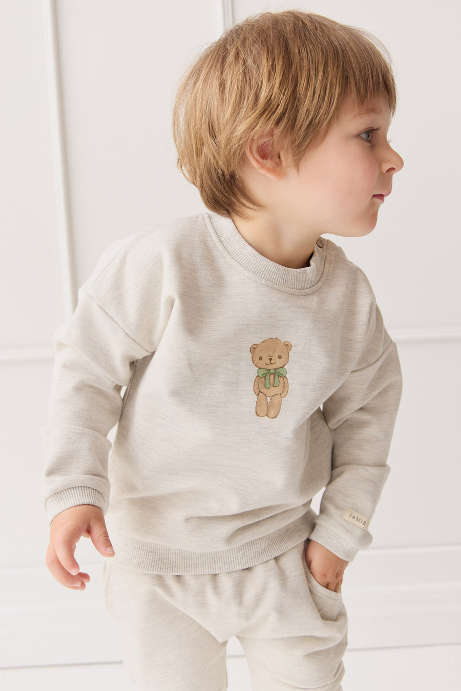 Organic Cotton Damien Sweatshirt - Oatmeal Marle Little Ted Childrens Top from Jamie Kay NZ