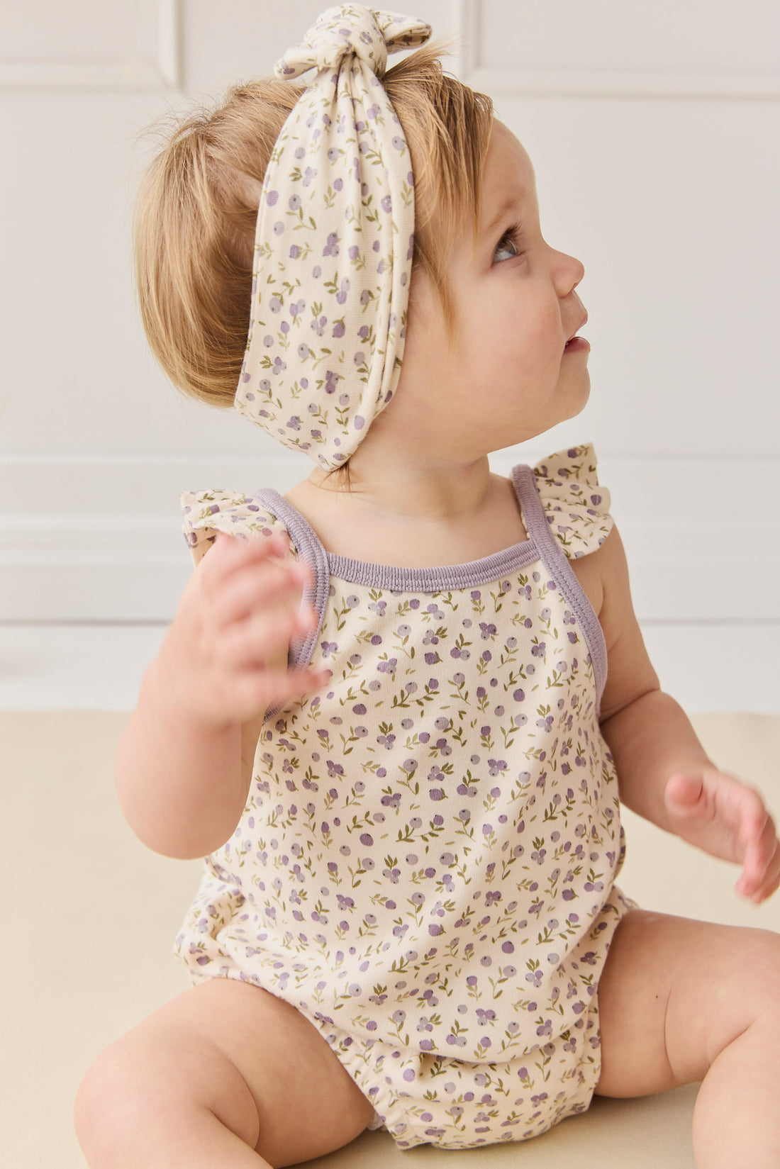 Organic Cotton Prarie Playsuit - Blueberry Field Raindrops Childrens Playsuit from Jamie Kay NZ