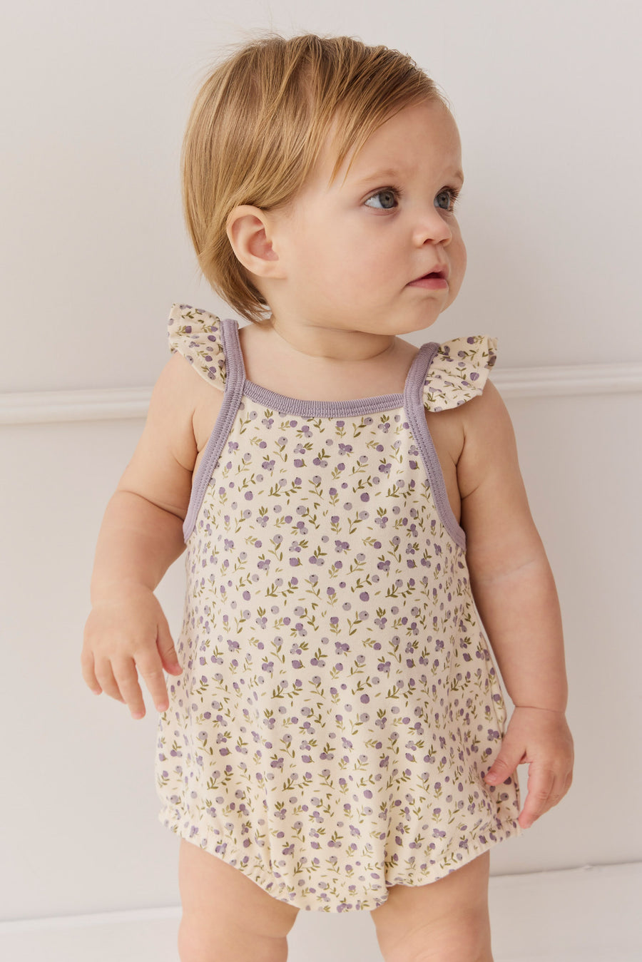 Organic Cotton Prarie Playsuit - Blueberry Field Raindrops Childrens Playsuit from Jamie Kay NZ