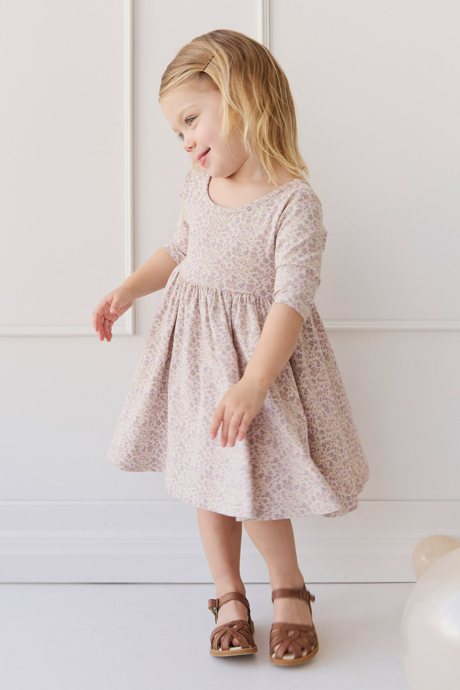 Organic Cotton Tulip Dress - Amber Floral Lilac Ash Childrens Dress from Jamie Kay NZ