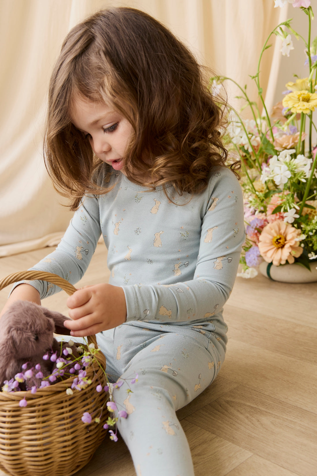 Organic Cotton Amory Long Sleeve Pyjama Set-Lapin Jardin Blue Childrens Pyjama from Jamie Kay NZ