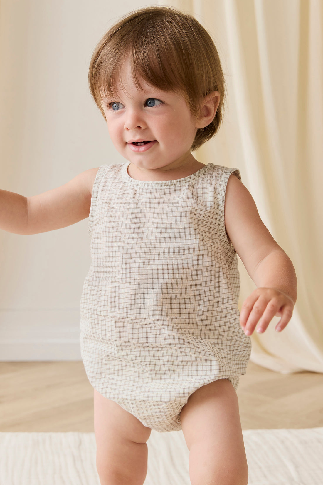 Organic Cotton Bentley Playsuit - Double Windowpane Check Pecan Childrens Playsuit from Jamie Kay NZ