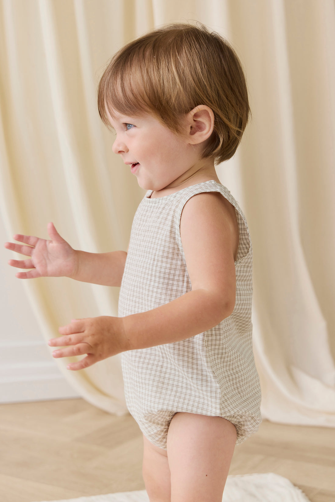 Organic Cotton Bentley Playsuit - Double Windowpane Check Pecan Childrens Playsuit from Jamie Kay NZ