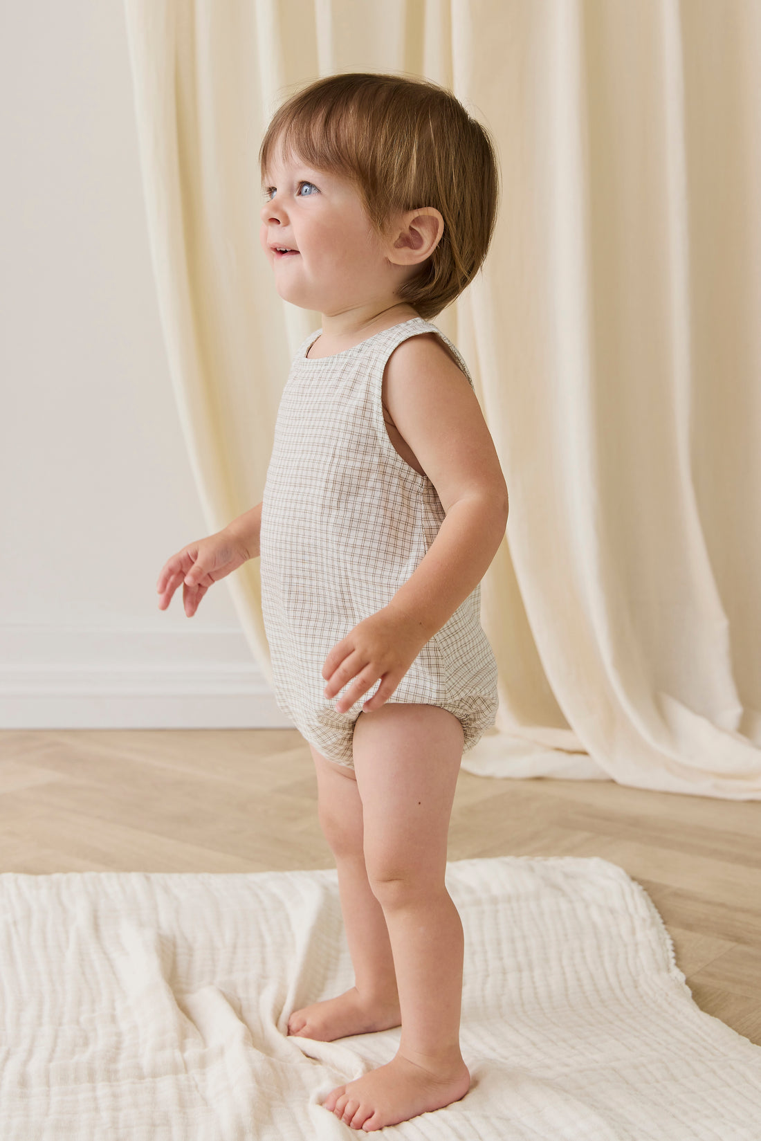 Organic Cotton Bentley Playsuit - Double Windowpane Check Pecan Childrens Playsuit from Jamie Kay NZ