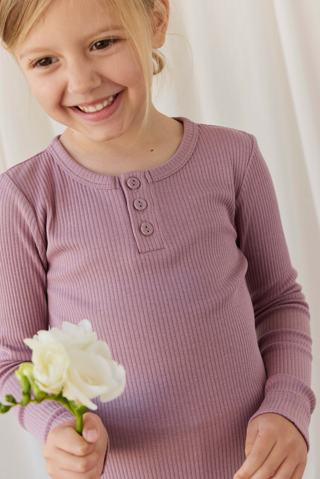 Organic Cotton Modal Long Sleeve Henley - Woodrose Childrens Top from Jamie Kay NZ