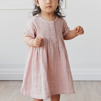 Organic Cotton Muslin Short Sleeve Dress - Powder Pink Childrens Dress from Jamie Kay NZ