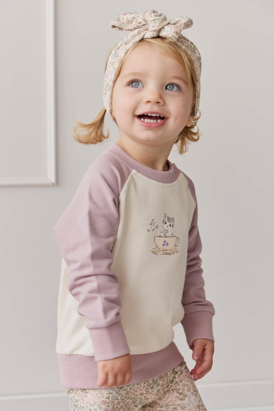 Organic Cotton Tao Sweatshirt - Parchment Kitty Teacup Lilac Childrens Top from Jamie Kay NZ