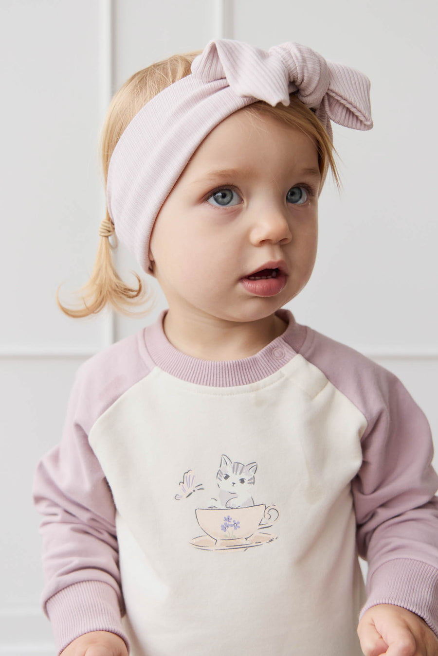 Organic Cotton Tao Sweatshirt - Parchment Kitty Teacup Lilac Childrens Top from Jamie Kay NZ