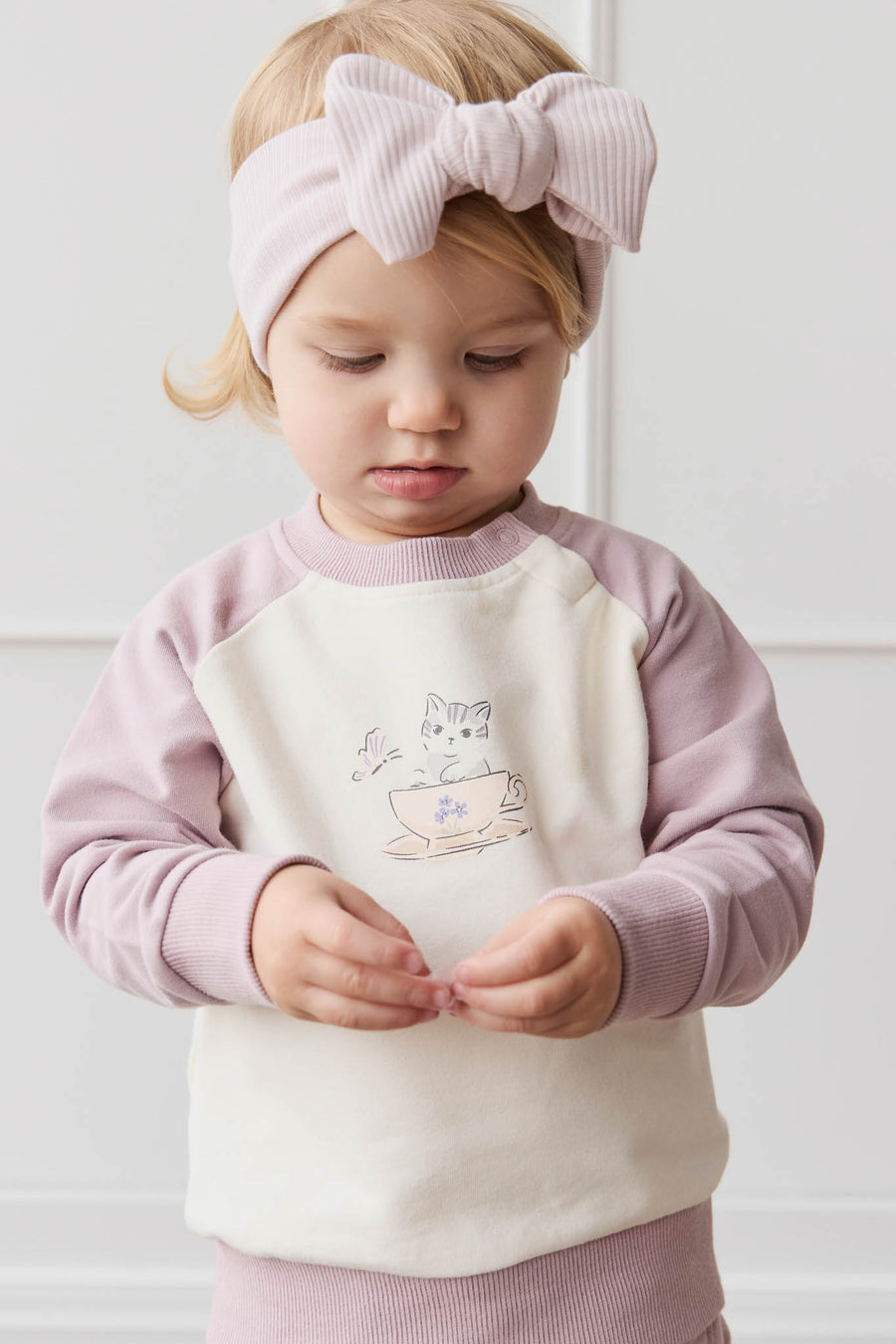 Organic Cotton Tao Sweatshirt - Parchment Kitty Teacup Lilac Childrens Top from Jamie Kay NZ