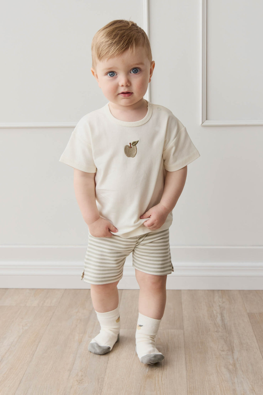 Pima Cotton Marley Short - Narrow Stripe Moss/Cloud Childrens Short from Jamie Kay NZ