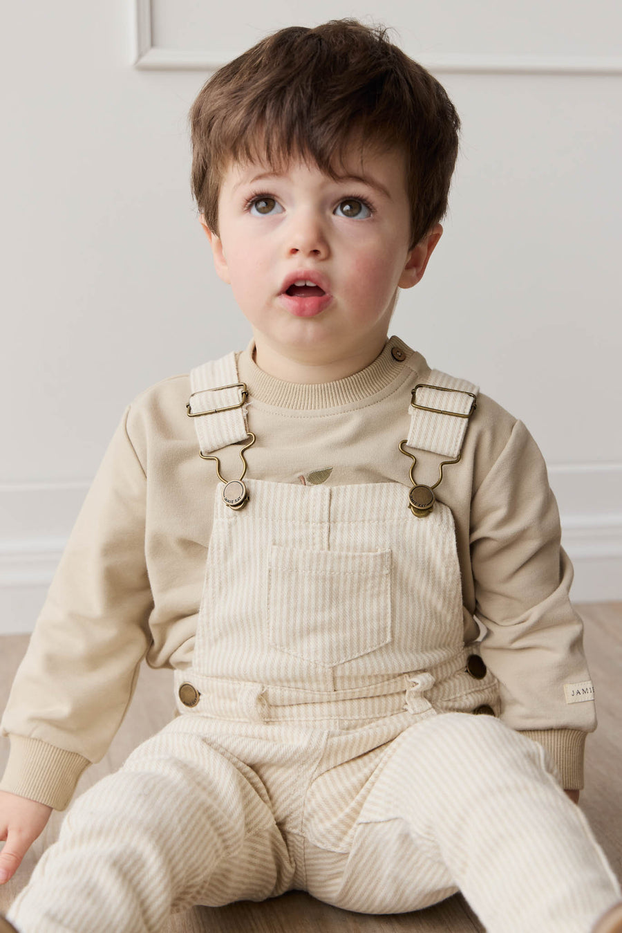 Jordie Overall - Fine Stripe Biscuit/Cloud Childrens Overall from Jamie Kay NZ