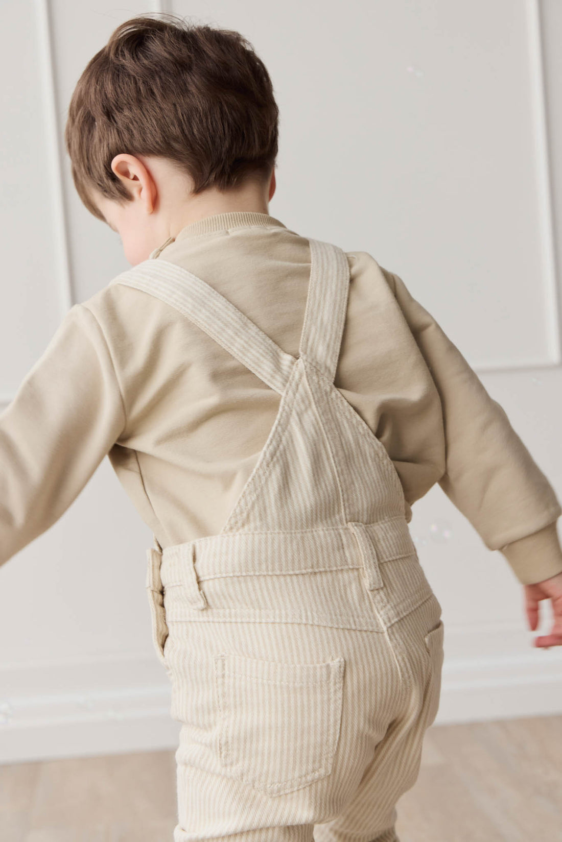 Jordie Overall - Fine Stripe Biscuit/Cloud Childrens Overall from Jamie Kay NZ