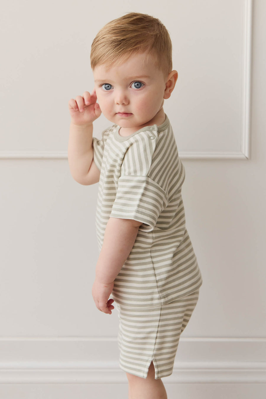 Pima Cotton Hunter Tee - Narrow Stripe Moss/Cloud Childrens Top from Jamie Kay NZ