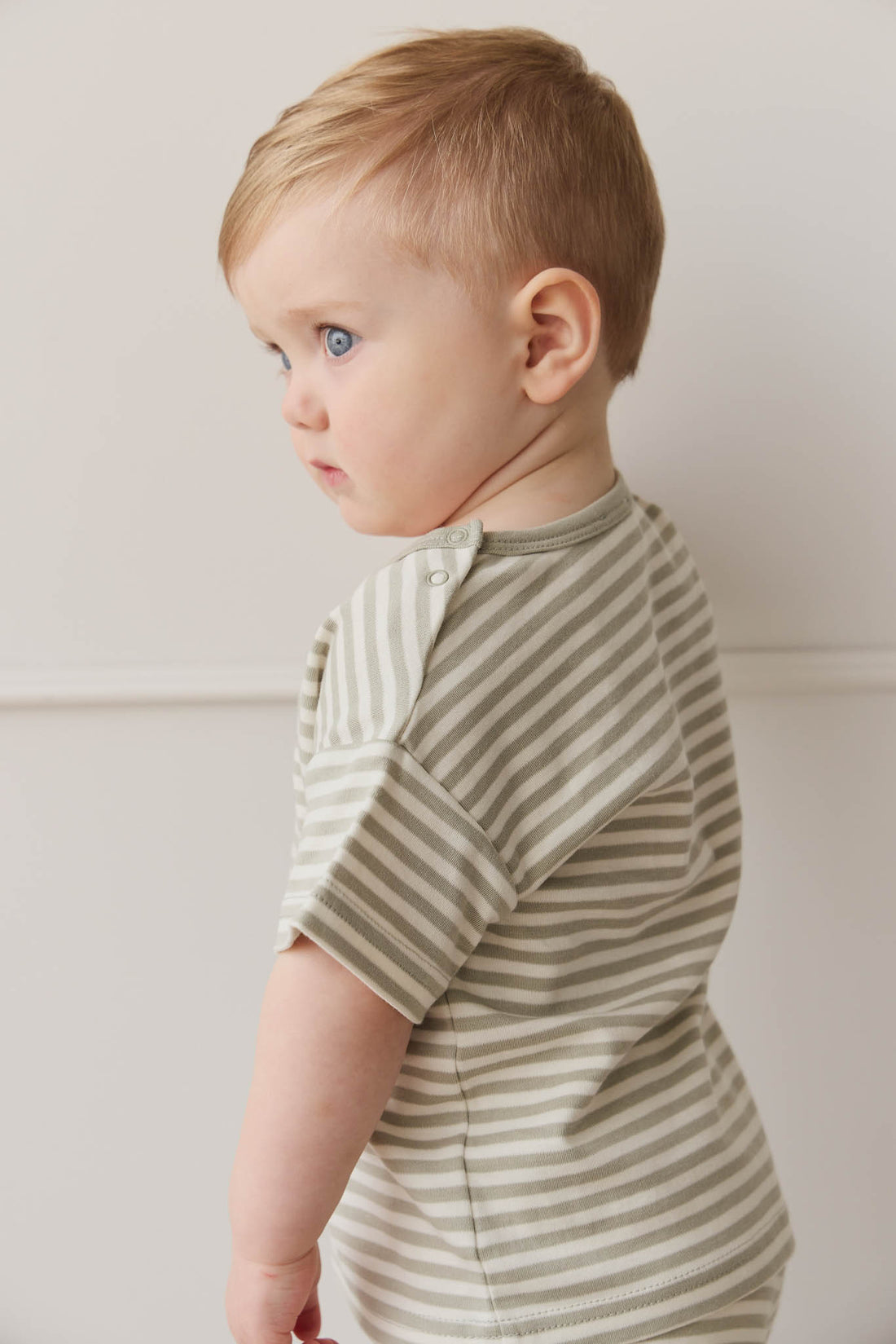 Pima Cotton Hunter Tee - Narrow Stripe Moss/Cloud Childrens Top from Jamie Kay NZ