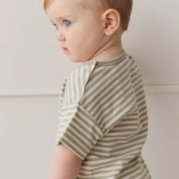 Pima Cotton Hunter Tee - Narrow Stripe Moss/Cloud Childrens Top from Jamie Kay NZ