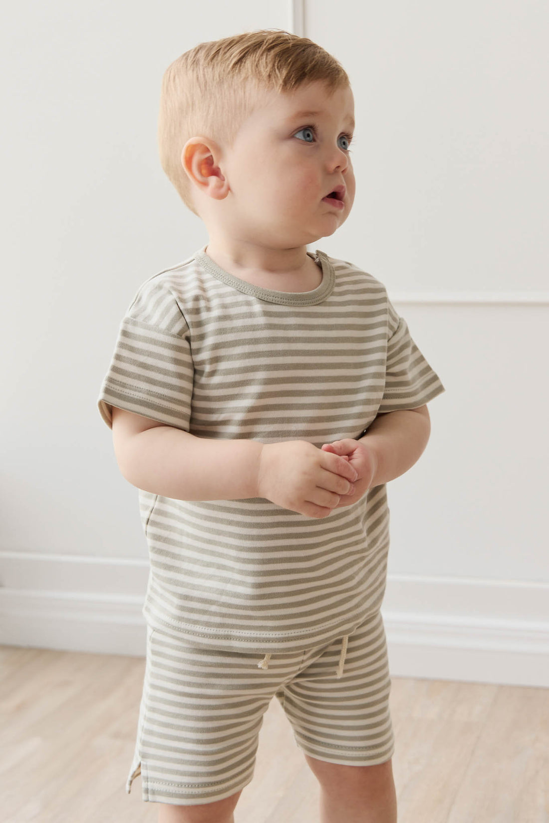 Pima Cotton Hunter Tee - Narrow Stripe Moss/Cloud Childrens Top from Jamie Kay NZ