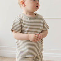 Pima Cotton Hunter Tee - Narrow Stripe Moss/Cloud Childrens Top from Jamie Kay NZ