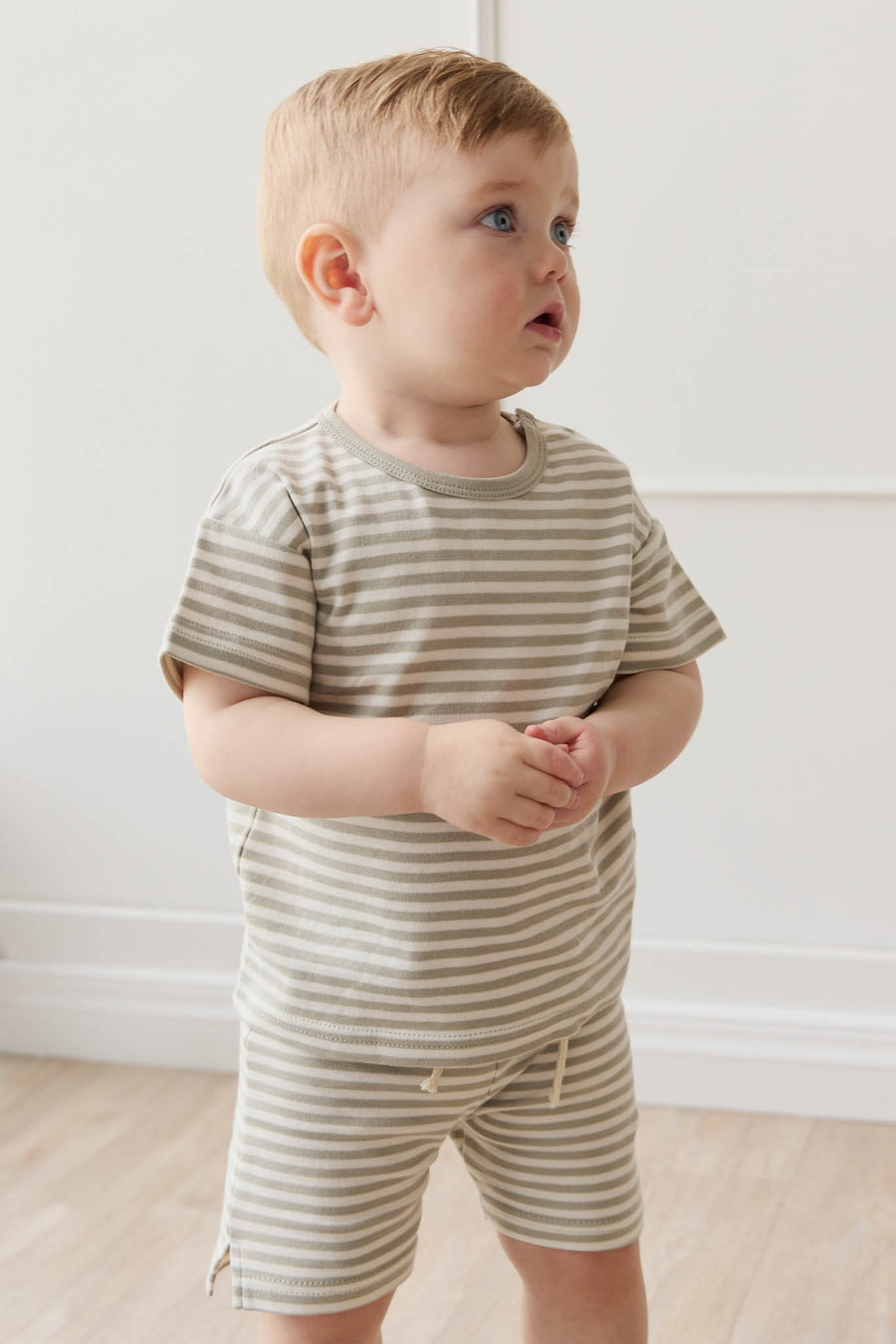 Pima Cotton Marley Short - Narrow Stripe Moss/Cloud Childrens Short from Jamie Kay NZ