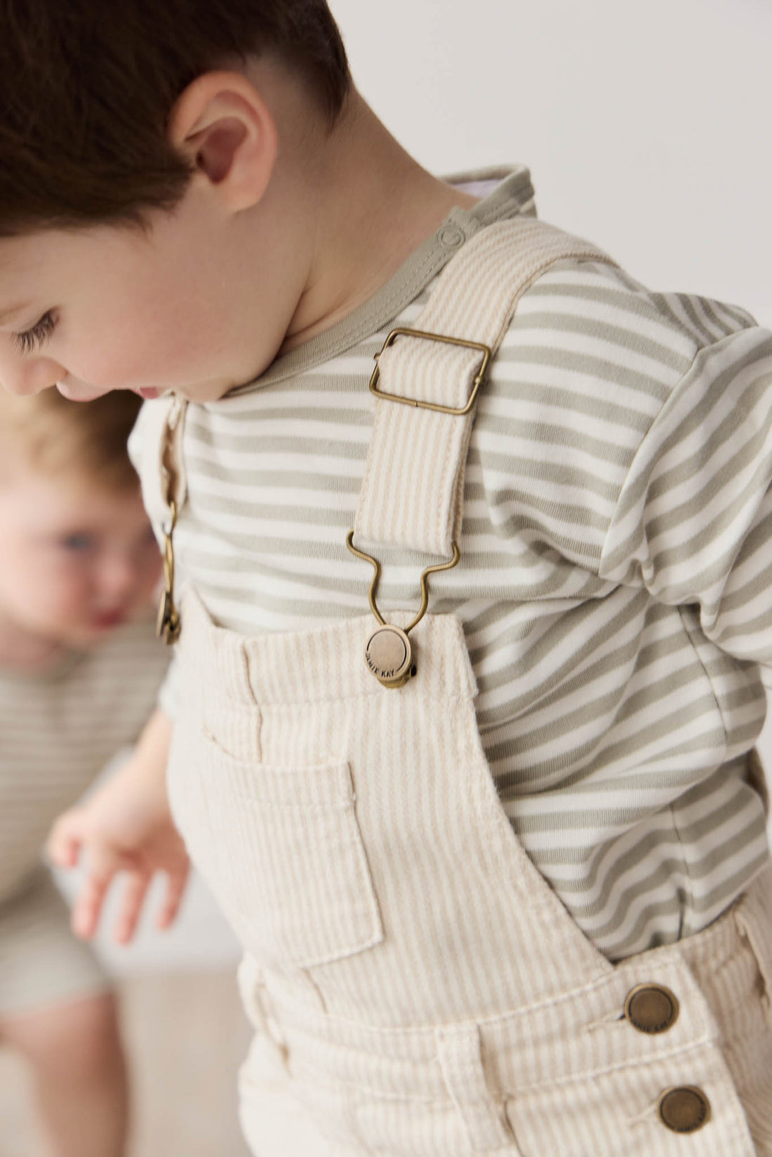 Jordie Overall - Fine Stripe Biscuit/Cloud Childrens Overall from Jamie Kay NZ