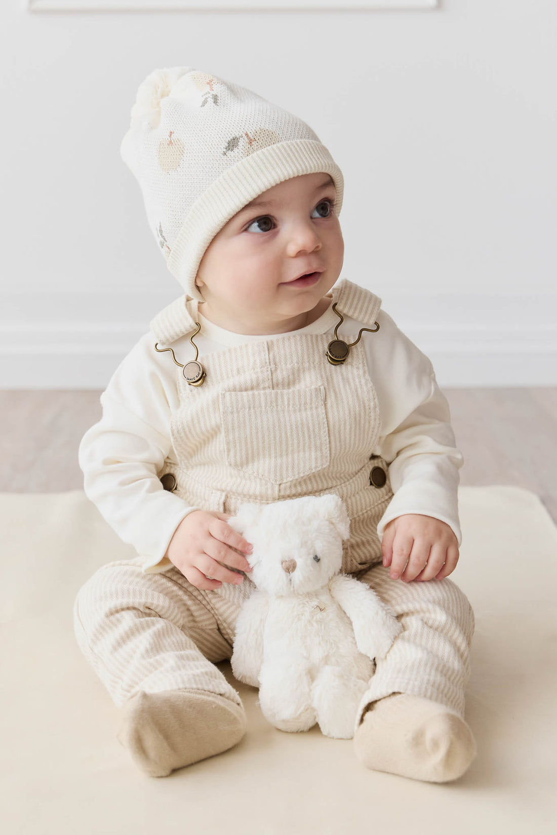 Jordie Overall - Fine Stripe Biscuit/Cloud Childrens Overall from Jamie Kay NZ