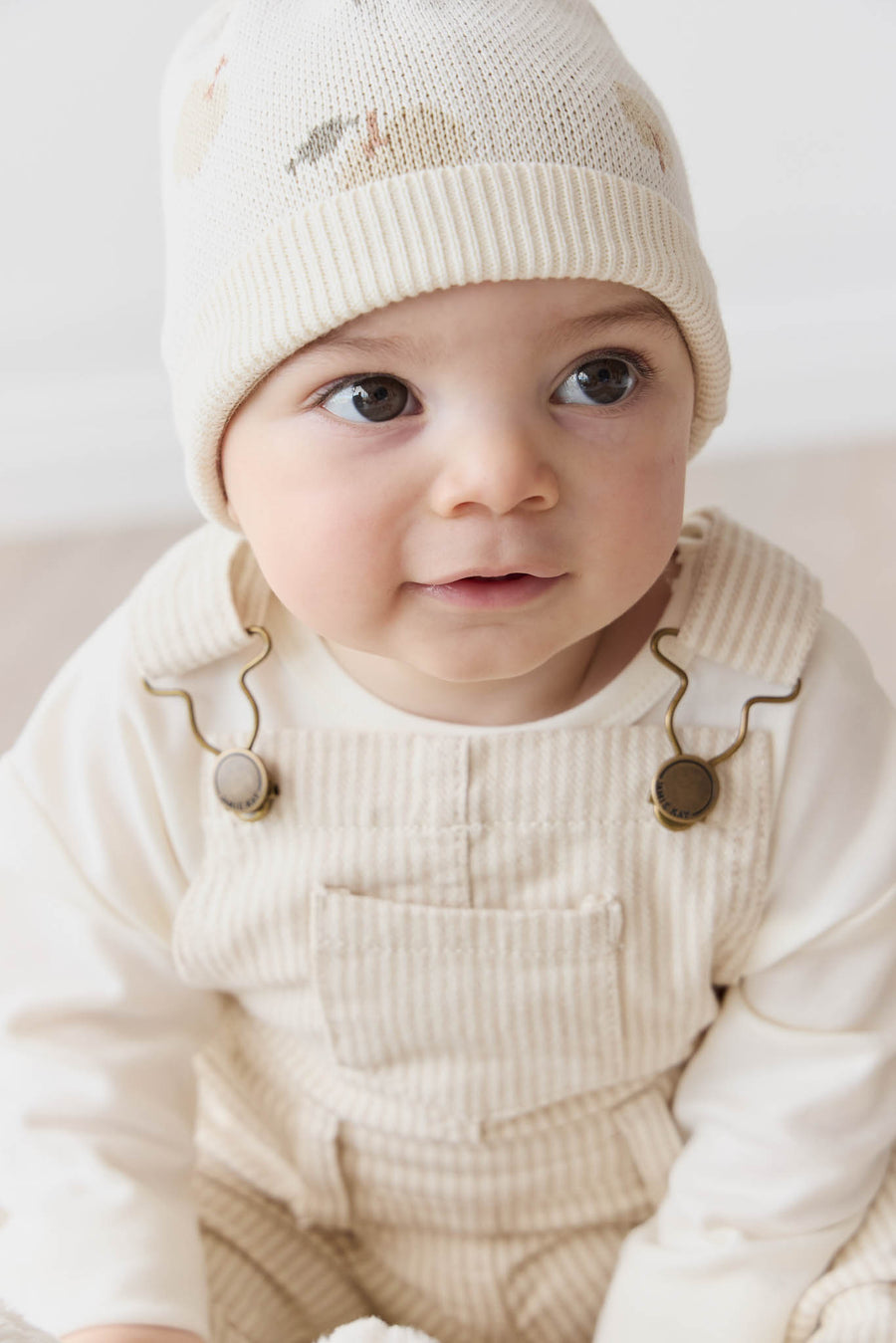 Jordie Overall - Fine Stripe Biscuit/Cloud Childrens Overall from Jamie Kay NZ