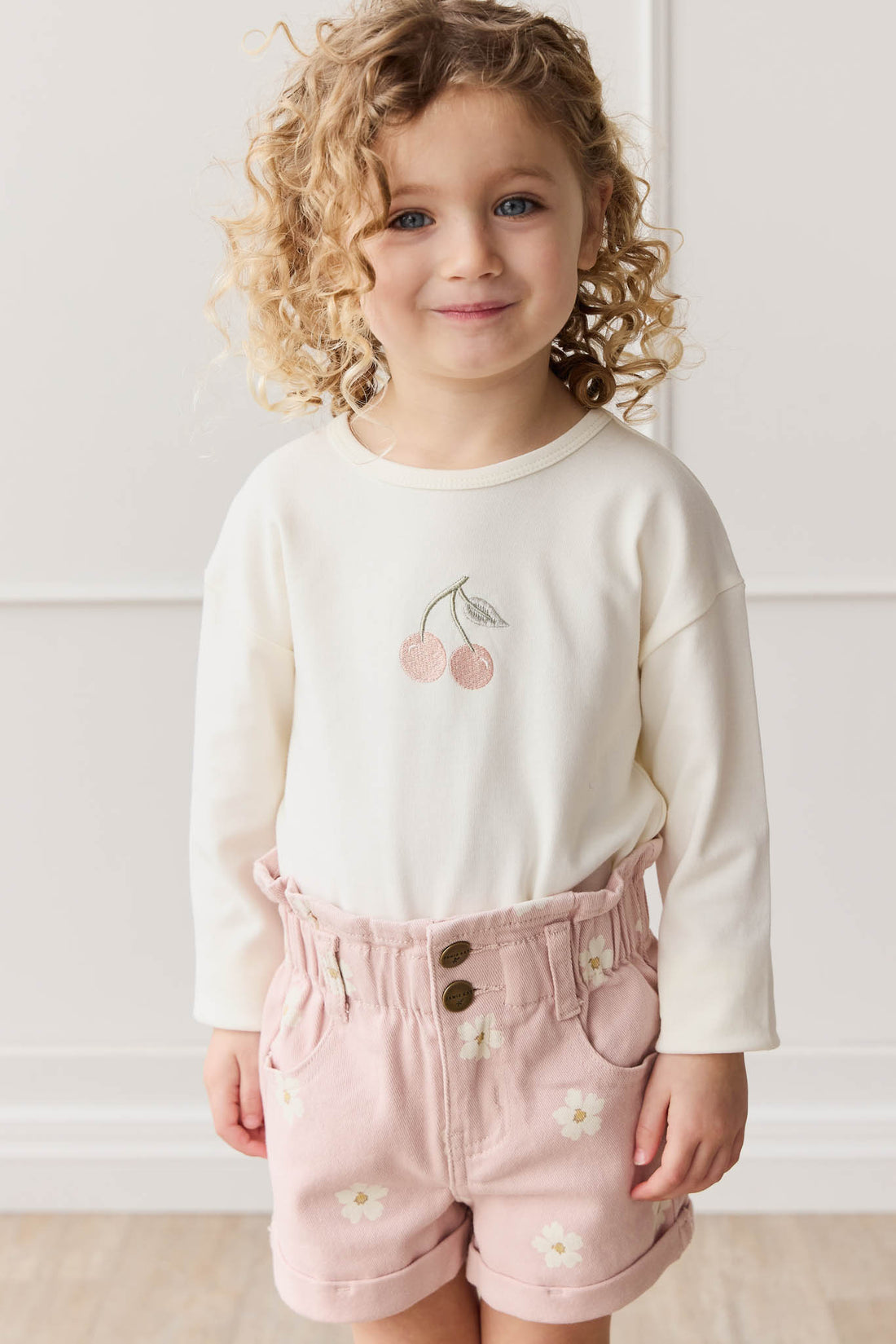 Pima Cotton Arnold Long Sleeve Top - Parchment Petite Cherry Childrens Top from Jamie Kay NZ