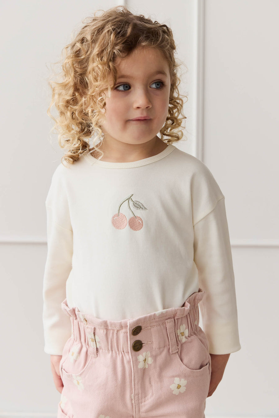 Pima Cotton Arnold Long Sleeve Top - Parchment Petite Cherry Childrens Top from Jamie Kay NZ