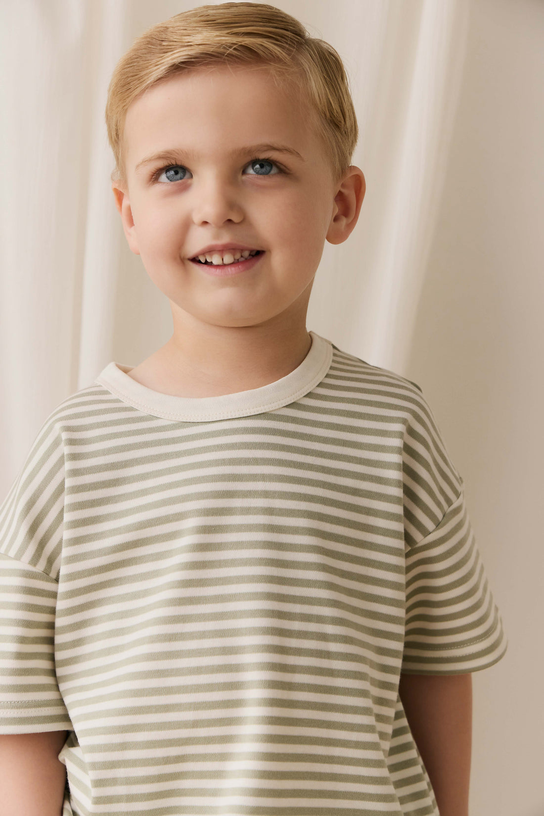Pima Cotton Wesley Tee - Narrow Stripe Lichen / Cloud Childrens Top from Jamie Kay NZ