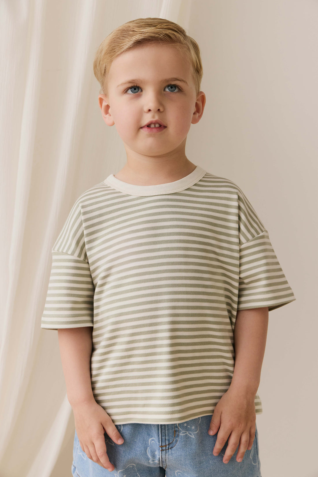 Pima Cotton Wesley Tee - Narrow Stripe Lichen / Cloud Childrens Top from Jamie Kay NZ