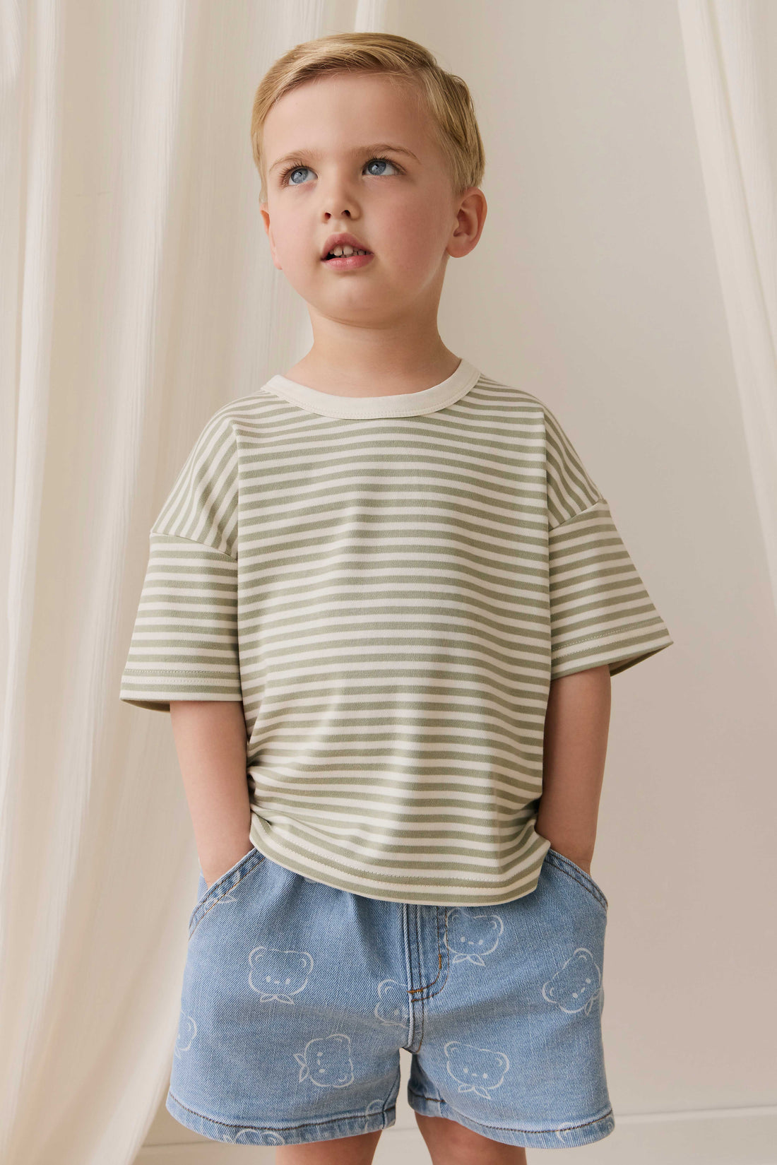 Pima Cotton Wesley Tee - Narrow Stripe Lichen / Cloud Childrens Top from Jamie Kay NZ